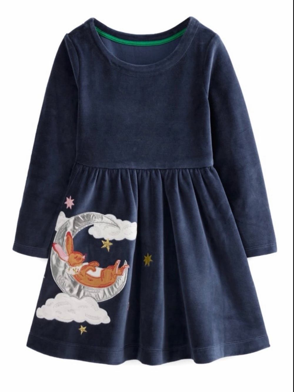 Mini Boden Twirly Velour Appliqué Dress French Navy Bunny size 7-8